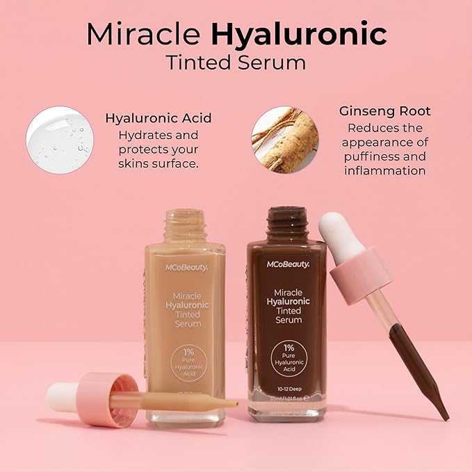 MCoBeauty Miracle Hyaluronic Tinted Serum 7-8 Medium Dark - Hydrating Skin Tint Foundation with Hyaluronic Acid Ginseng - Buildable Sheer to Medium Coverage Dewy Finish - Vegan Cruelty Free Makeup
