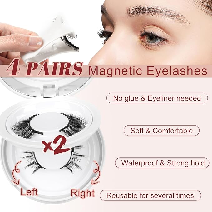 Higu clace 4Pairs Magnetic Eyelashes with Applicator Soft Magnetic Lashes Natural Look Wispy Magnet Lashes Without Eyeliner Easy to Wear and Remove(DJCX-B04)