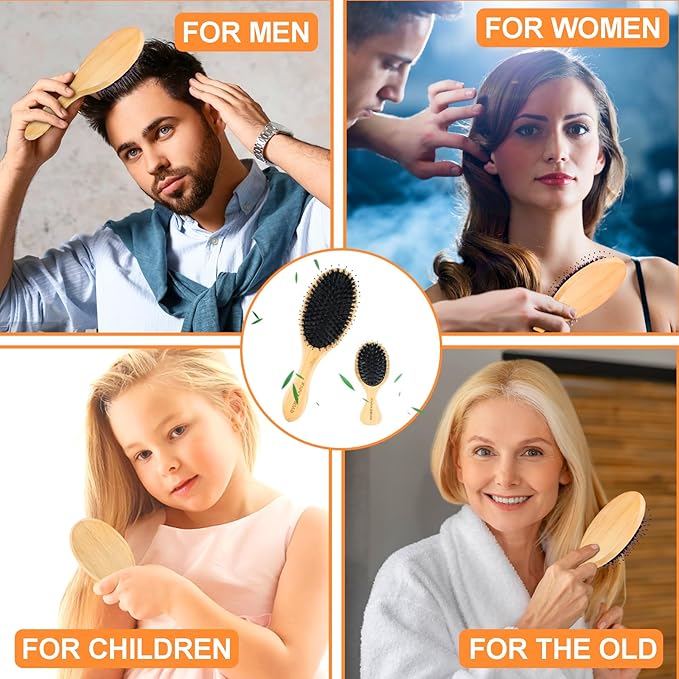 Boar Bristle Hair Brush 2PCS - Smoothes & Detangles All Hair Types, Boar & Nylon Bristle，Smooths Frizz and Prevents Breakage in Fine and Straight, for Women Men and Kids