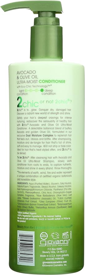 GIOVANNI 2chic Ultra-Moist Conditioner - Avocado & Olive Oil, Creamy Hydration Formula, Enriched with Aloe Vera, Shea Butter, Botanical Extracts, No Parabens, Color Safe - 24 oz
