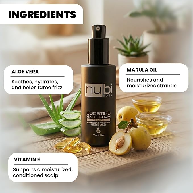Nubi Serum for Damaged Hair, Marula Repair Serum with Aloe, Vitamin E, Hydrates and Smooths Hair, Frizz Control Product for Women and Men, 2 Fl. Oz. / 60 Ml., 1 Count