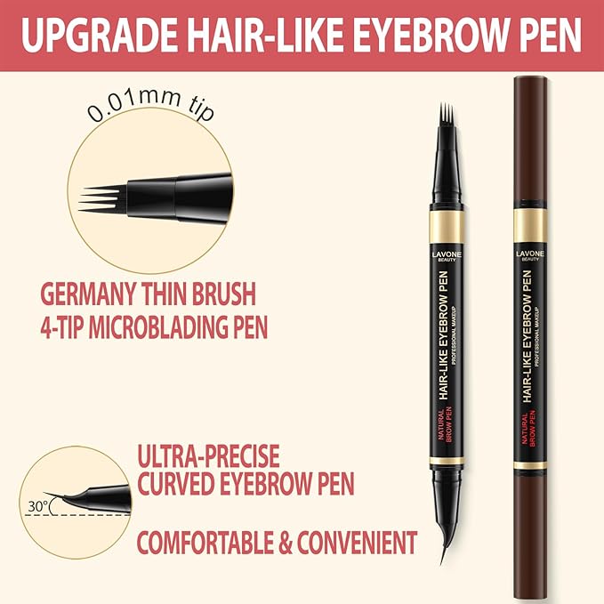 LAVONE Eyebrow Pen, 2-in-1 Eyebrow Pencils for Women with 4 Tip Microblading Eyebrow Pencil and Curved Precise Brow Pencil, Waterproof Eyebrow Pencil Create Full, Natural Hair-Like Brows, Brown