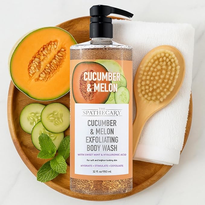 Cucumber & Melon Exfoliating Body Wash with Sweet Mint & Hyaluronic Acid | Hydrate Stimulate & Exfoliate for Smoothe, Fresh Skin, 32 oz.