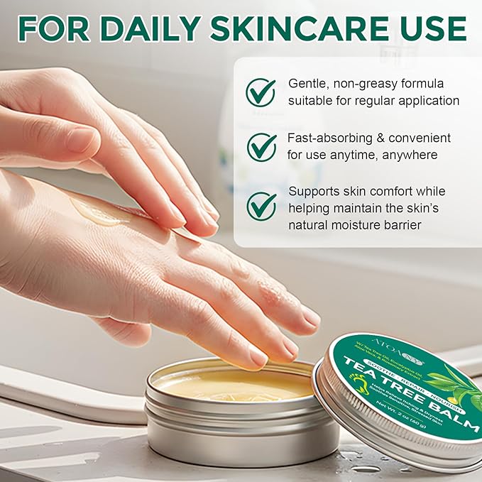 Tea Tree Oil for Skin, Tea Tree Balm 2 oz, Soothing Moisturizing Balm for Dry & Sensitive Skin, Helps Calm Itchy, Irritated Areas, Suitable for Feet, Body & Daily Use, Natural