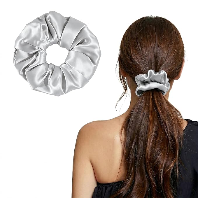 ZLYC 100% Mulberry Silk Hair Tie Scrunchie 19 Momme Gentle Creaseless Dent-Free Ponytail Holder for Women, 6cm Solid Sliver