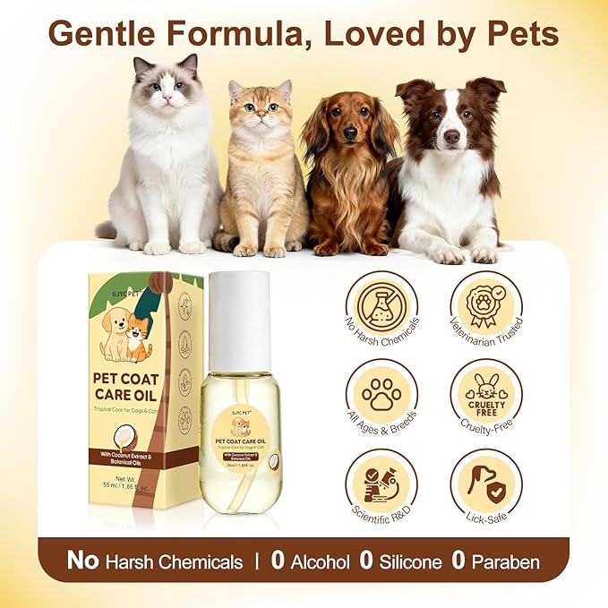 Pet Coat Care Oil, Coconut & Jojoba Infusion | Nourishing Serum to Reduce Stubborn Knots, UV Heat Shield; Anti-Static Lipid Repair for Dry Damaged Fur, Lick-Safe Treatment Dogs Cats, 1.69 fl. oz