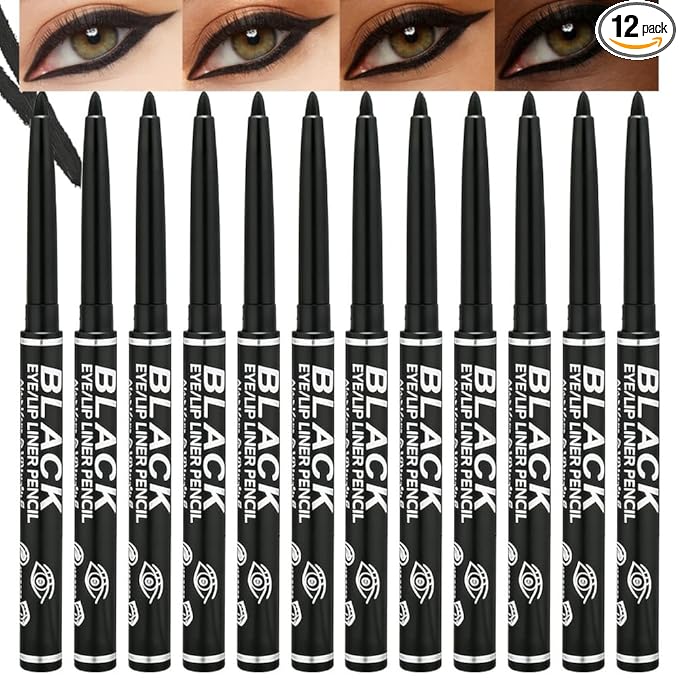 Professional Makeup Retractable Eye Liner, Black, Inner Eyeliner Eye Shadow Eyebrow Pencils (Black - Pack of 12)