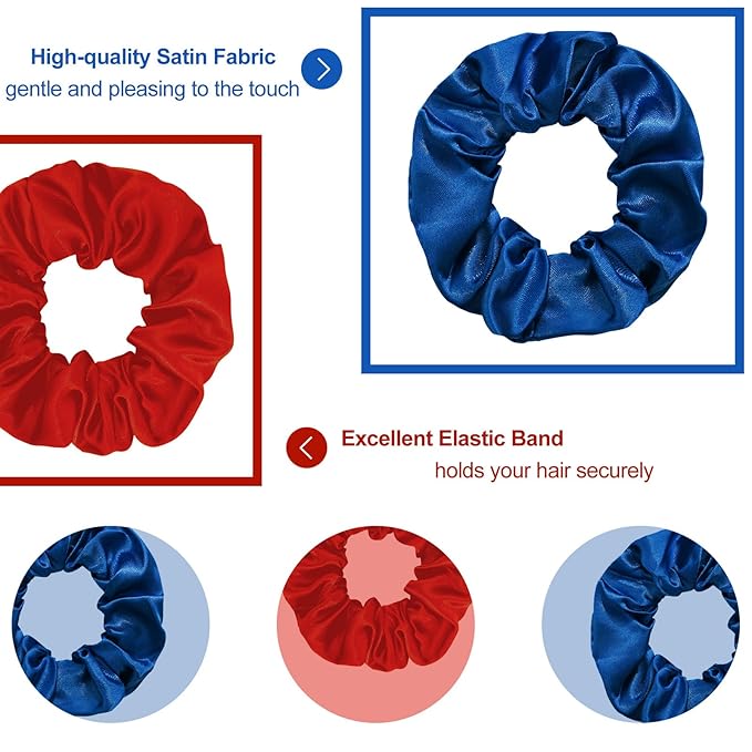 Silk Satin Scrunchies for Women Girls 12 PCS Blue & Red Hair Scrunchies Silk Satin Hair Ties for Thick Hair Bulk Hair Ties Hair Accessories