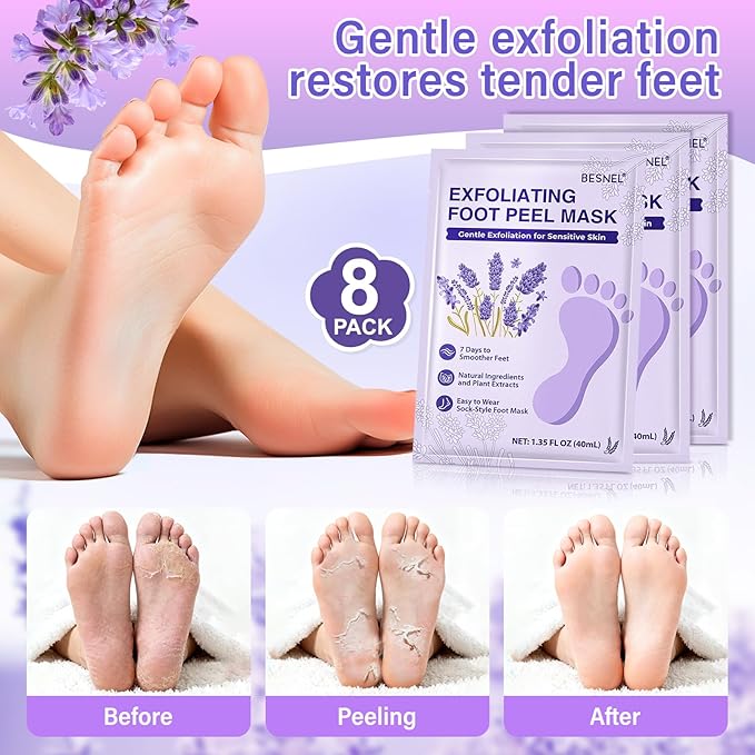 BESNEL 12Pack Moisturizing＆8Pack Foot Peeling Foot Mask, Teacher Appreciation Gifts, Hydrating Foot Masks Dry Cracked Feet,Soothing Moisturizer Socks Repair Rough Heels＆Baby Soft Feet(20p)