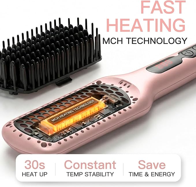 MEGAWISE Hair Straightener Ceramic Brush – Flat Iron Hot Brush, Anti-Scald, Dual Voltage, Rotatable Cord, Auto Shutoff, Anti-Frizz – for All Hair Types (Pink)