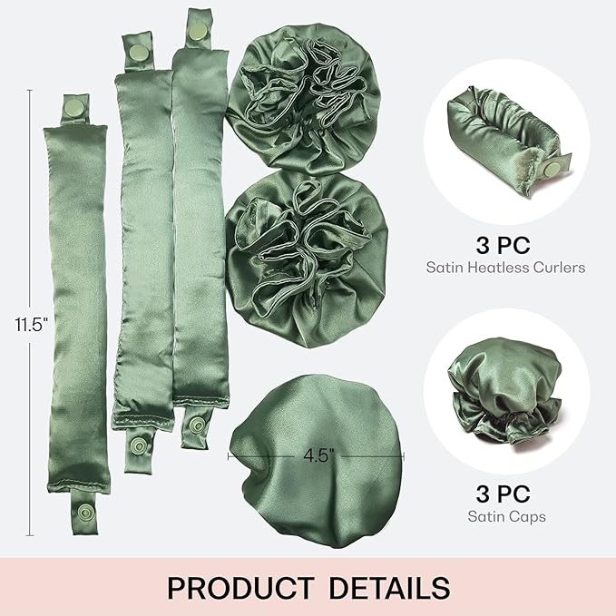 Satin Heatless Curling Set, Pillow Soft Rollers with Hair Caps, No Heat Rods Headband for All Hair Types (3Sets-Olive Green)