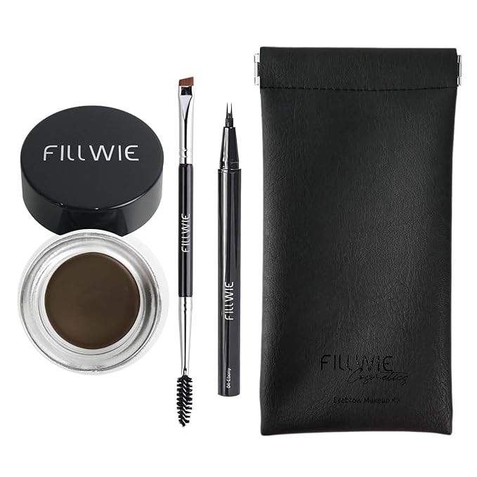 Eyebrow Pomade Stamp, Microblading 2 Tip Liquid Eyebrow Pen, Eye brow Kit with Angled Spoolie Brush and PU Pouch for Travel (Ebony)