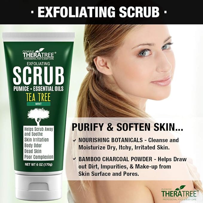 TheraTree Tea Tree Oil Exfoliating Body Scrub - Deep Cleansing Foot & Body Charcoal Scrub with Peppermint, Spearmint & Neem - Soothing Exfoliator for Healthy-Looking Skin, 6 oz
