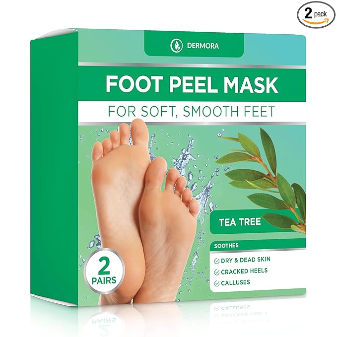 DERMORA Foot Peel Mask | Skin Exfoliating Foot Masks for Dry, Cracked Feet & Callus Removal | Dead Skin Exfoliator for Baby Soft Feet | Pack of 2 | Regular (Fits up to Men 10 / Women 11) | Tea Tree