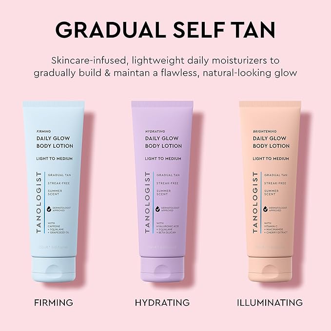 Tanologist Firming Daily Glow Body Lotion- Medium/Dark, Fast-Developing, Transfer-Proof Gradual Self Tanning Lotion, Summer Scent, Natural Not Orange, Lasts 7 Days, Vegan Formula, 8.45 fl oz
