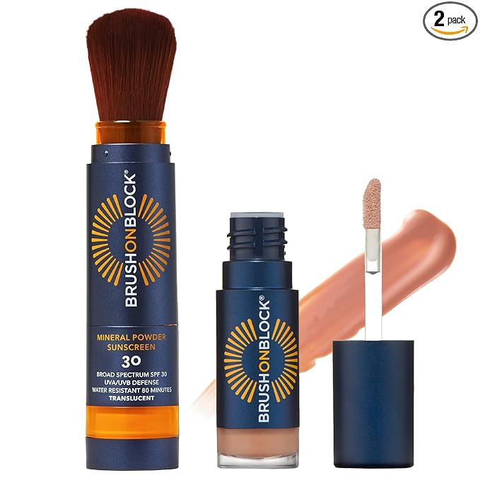 Brush On Block Full Face Sun Protection Kit, Translucent Mineral Powdered Sunscreen & Protective Lip Oil SPF 30, Reef Friendly, FSA HSA Eligible
