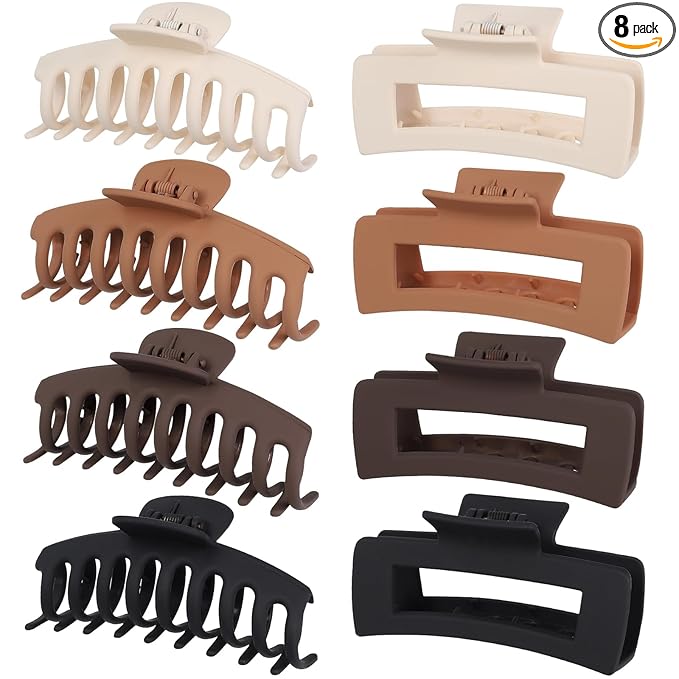 Mandydov Hair Clip, 8 Pcs Non-slip Matte Hair Claw Clips for Women, Strong Hold Clips for Thick Thin Hair, Large Size, Multicolor (Beige, Khaki, Brown, Black)