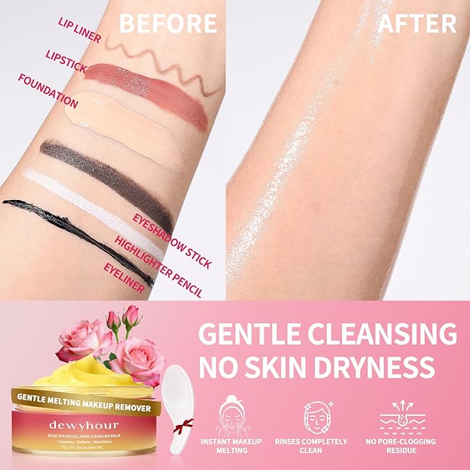 dewyhour Rose Makeup Remover Cleansing Balm – Melting Stubborn Waterproof Makeup, Hydrating One-Step Collagen Cleansing Oil & Facial Cleanser for All Skin Types | Vegan Korean Skincare 2.46 oz.