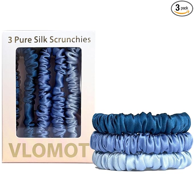 VLOMOT 3 Pcs Set 100% Pure Mulberry Silk Hair Scrunchies Hair Ties with 3 Chic Colors Everyday Skinny Scrunchies Silk Ponytail Holders Hair Care No Damage (Blue)