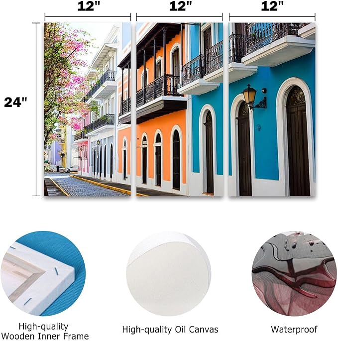 3 Piece Canvas Wall Art Prints Picture colorful house facades old san juan puerto rico colorful island Framed Wall Painting Modern Artwork Poster Home Decor for Living Room Office Ready to Hang