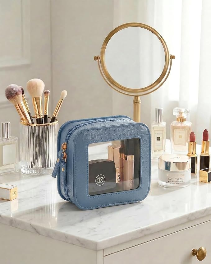 LETGO Clear Makeup Bag Small, Mini Travel Toiletry Bag Cosmetic Bags Organizer, TSA Approved Makeup Case Pouch with Zipper, Car Essentials for Women Men (Square, Blue)