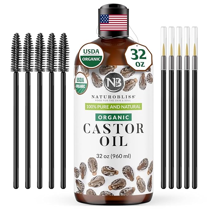NaturoBliss 100% Pure Organic Castor Oil – Expeller-Pressed & Hexane-Free – Professional/Salon Size for Hair, Skin, Lashes & Brows, with Beauty Starter Kit – 32 fl oz (Bulk Value)