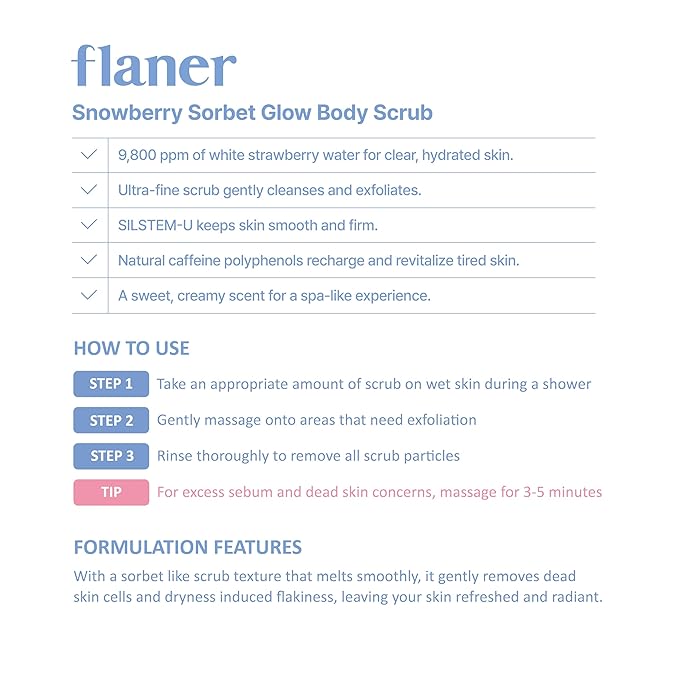 FLANER Snowberry Sorbet Glow Body Scrub – Gentle Exfoliating Scrub, Brightening & Hydrating Formula with 9,800ppm of White Strawberry Water and Niacinamide, Korean Body Wash for Silky Soft Skin