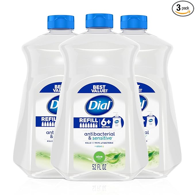 Dial Antibacterial Defense Liquid Hand Soap + Aloe, Aloe Scent, 52 Fl Oz Hand Soap Refill (Pack of 3), Dermatologist-Tested, Gentle Formula