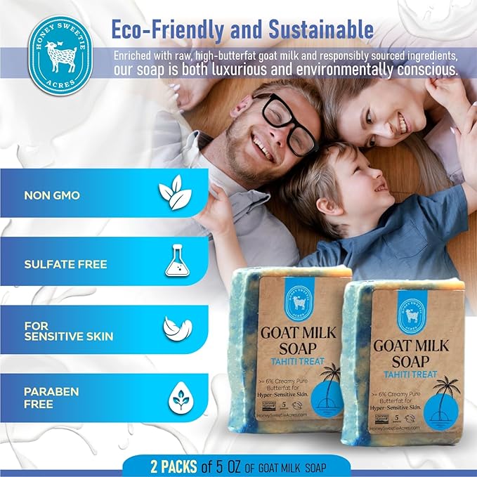 Honey Sweetie Acres 2-Pack Tahiti Treat Goat Milk Soap - Handmade 5 oz Bar, Made with Natural Ingredients, Moisturizing & Gentle, Made in the USA