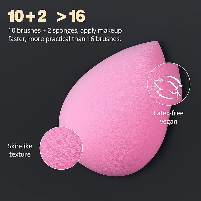 BEAKEY Makeup Brushes Set, Professional Foundation Eyeshadow Concealer Blush Powder Bronzer Applicator, 2 Blender Sponge with Beauty Paper Case