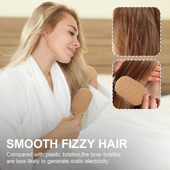 Mini Boar Bristles Hair Bursh, Travel Size Hair Brush for Women Men Kids, Protable Small Hair Brush for Pockets Purses, Mini Detangler Brush for Smooth Add Shine(Mocha)
