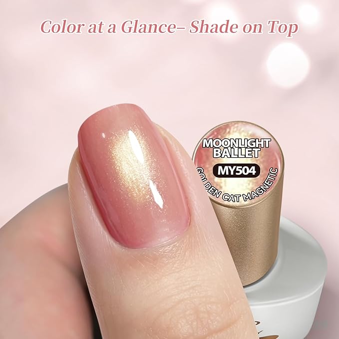 Born Pretty Glass Soft Pink Cat Magnetic Eye Gel Nail Polish, Jelly Nude Pink Gold Glitter Crystal Magnetic Shimmer Nail Polish Salon Gel Manicure and Nail Art DIY at Home 7ML 6PCS