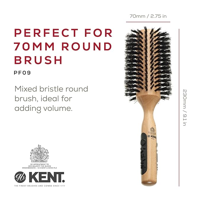 Kent PF09 Large Round Curling Brush with Hard Natural Boar Bristle - Hair Drying Brush and Blowout - Round Brushes for Dry Hair - For Shoulder Length or Shorter Hairs