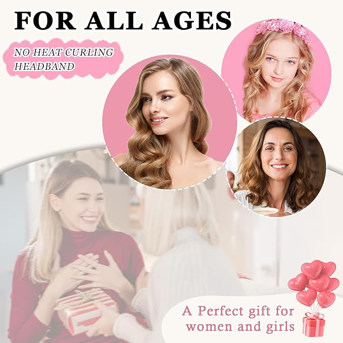 Gwabee Soft Overnight Curl Headband, 70" Hair Curlers Ribbon Wrap for Long Hair with 9 PCS Rods and Yoga Strap - Pink