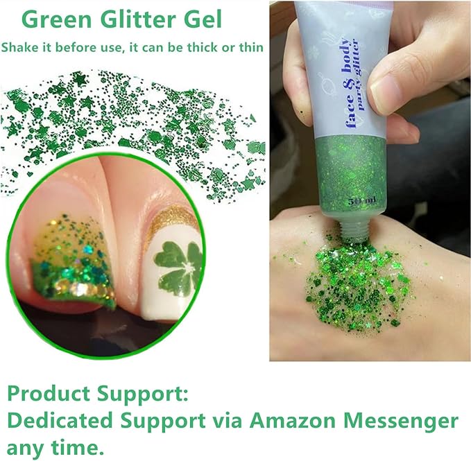 Go Ho Green Body Glitter,St Patricks Day Face Glitter Makeup,Green Face Paint Holographic Chunky Sequins Glitters for Eye Hair Nails,St Pattys Outfit Women Sparkle Accessories