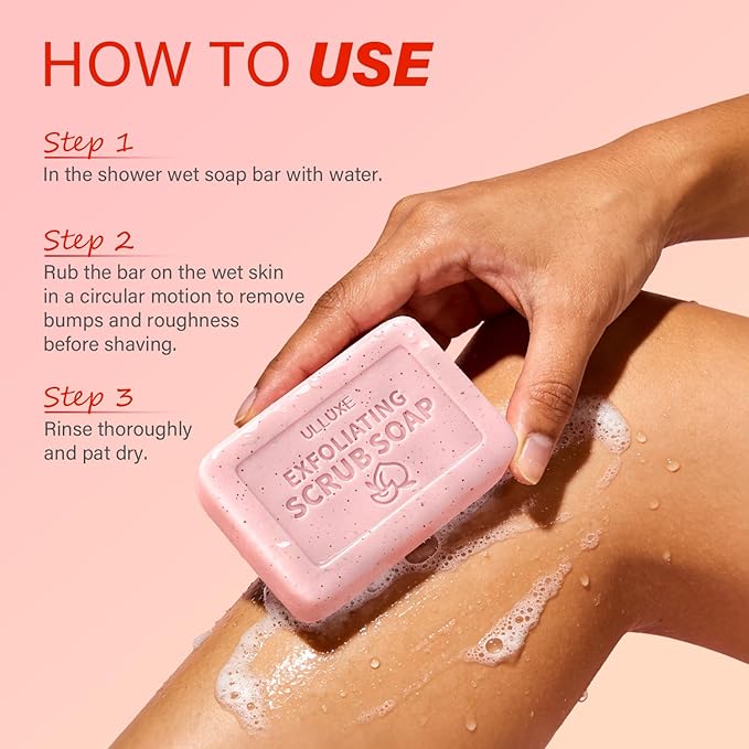 Body Scrub Soap Bar, Pre-shave Exfoliating Bar Soap with BHA Salicylic Acid & Shea Butter, Smooths Rough Bumpy Skin, Skin Soft, Moisturizing & Gentle for All Skin Types, Peach Scent, 3.53 oz Each