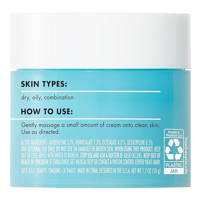 e.l.f. Holy Hydration! Face Cream Broad Spectrum SPF 30 Sunscreen Moisturizer, Made with Hyaluronic Acid, Niacinamide & Peptides, Lightweight Daily Protection, 1.7 oz