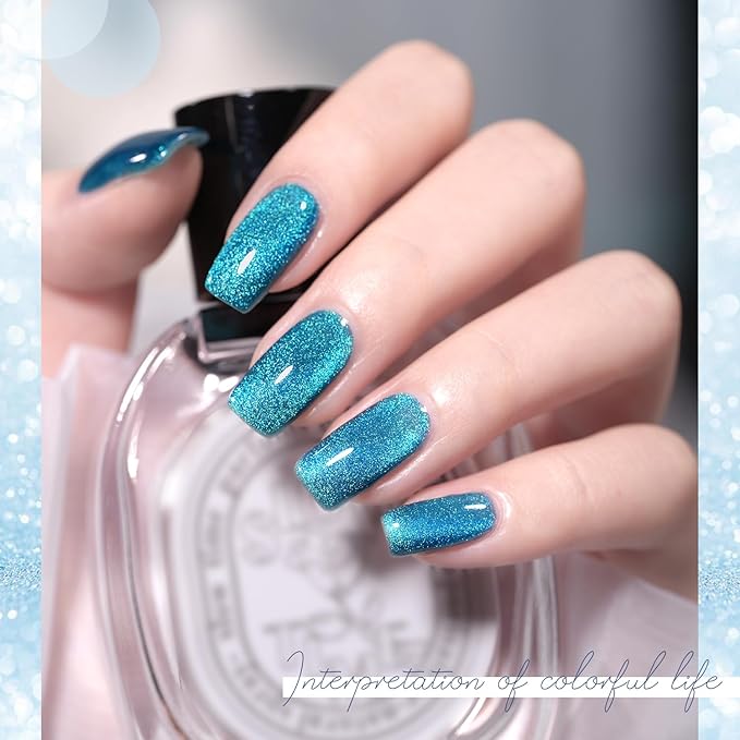 GAOY Blue Glassy Cat Eye Gel Nail Polish, 16ml Glitter Holographic Nail Polish with Magnet, Reflective Translucent UV Gel, 2153 Blue Tears
