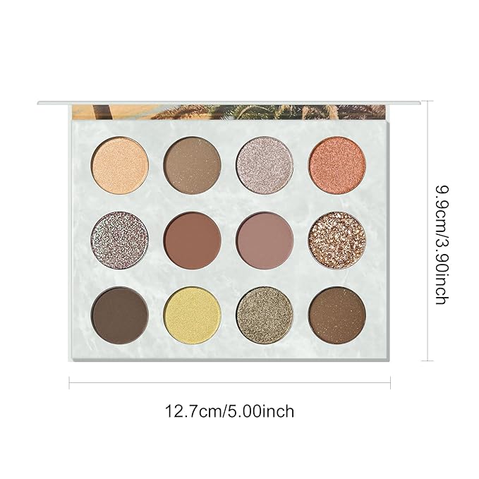 KYDA 12 Colors Tropical Coconuts Eyeshadow Palette, Summer Beach Neutral Brown Grey Pink Eyeshadow, Shimmer Pearl Glow Eye Shadow, Smooth Blendable Powder Eyes Shadow, Summer Eyes Makeup