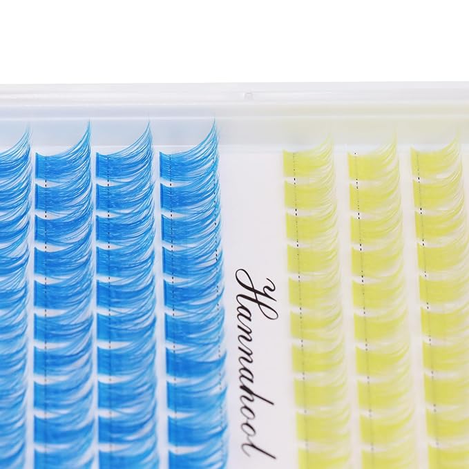 12rows-Large Tray Mixed 8-10-12-14-16mm/Mixed 14-15-16mm/Mixed14mm-16mm/Mixed 18-20mm Wide Stem Individual False Eyelashes Dramatic Black Cluster Eyelashes (T50-yellow-blue-12-14mm)