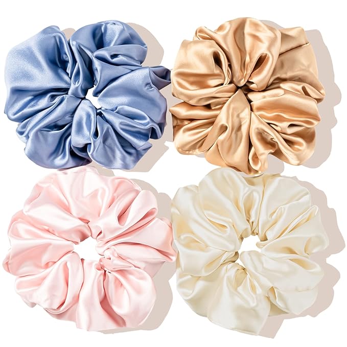 Lolalet Big Satin Scrunchies for Women, 5.9 Inch Large Oversized Scrunchie, Soft Jumbo/Giant Scrunchies Hair Ties for Thick & Curly Hair -4 Pack, Blue/Caramel/Pink/Champagne