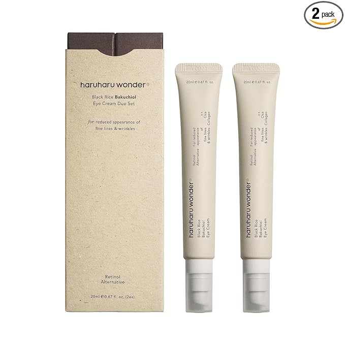 HARUHARU wonder Black Rice Bakuchiol Eye Cream, Smooths Fine Lines & Crow’s Feet, Reduces Puffiness & Dark Circles, Lightweight Day and Night Care, 1.34 fl. oz (Duo Set)