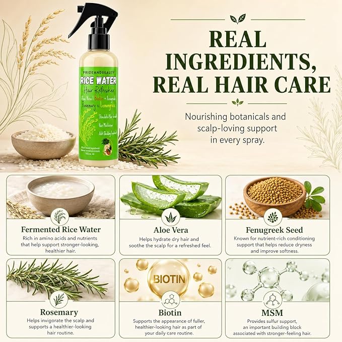 PrideandBeauty Rice Water Hair Spray with Rosemary – Hair Growth Support, Biotin, Caffeine & Keratin, Fermented Mist for Breakage Care & Hydration