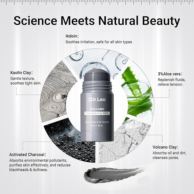 Volcano Clay Stick Mask, Kaolin Charcoal Face Mask for Deep Pore Clean & Oil Control, Blackhead Remover with Ectoin & Aloe, Sensitive Skin Friendly Travel Design, 45g/1.58oz