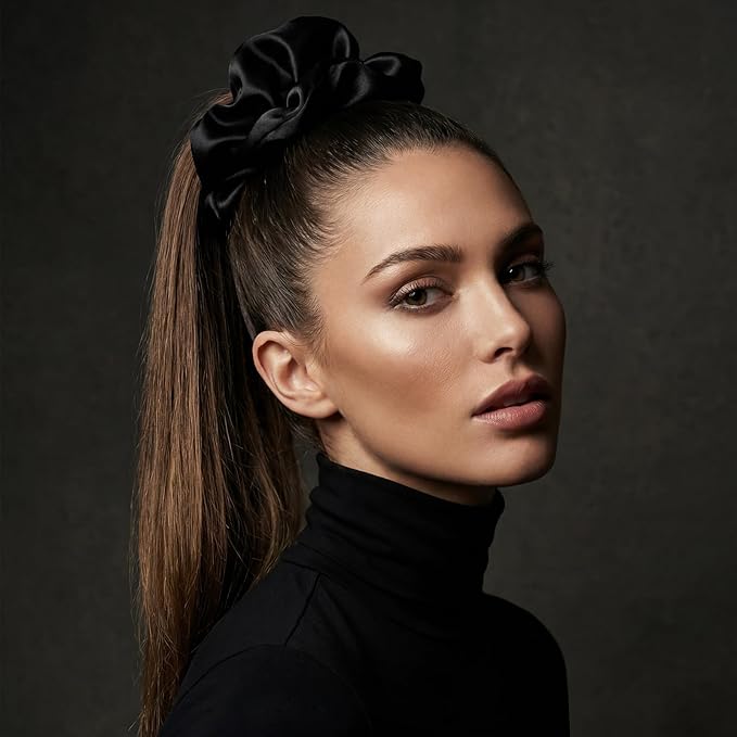4PCS Large Satin Silk Scrunchies for Women - Big Glossy Scrunchie for Thick Hair Girl Hair Ties Ponytail Holders Jumbo Scrunchies (Black Navy-Blue Brown Champagne)