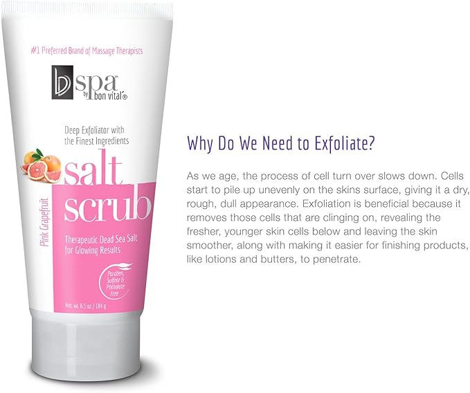 Bon Vital' BV Spa Exfoliating Salt Scrub Glows, Pink Grapefruit Body Scrub to Repair Dry Skin, Exfoliant Made with Dead Sea Salt, Jojoba, Olive, & Safflower Oil, Anniversary Gift for Women