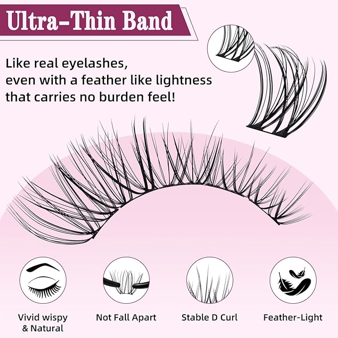 Natural Lash Clusters Kit 10-18mm Mix D Curl DIY Extension Eye Natural Lashes False Wispy EyeLash Cluster with Bond & Seal, Glue Remover, Tweezers(U26 Lash Kits)