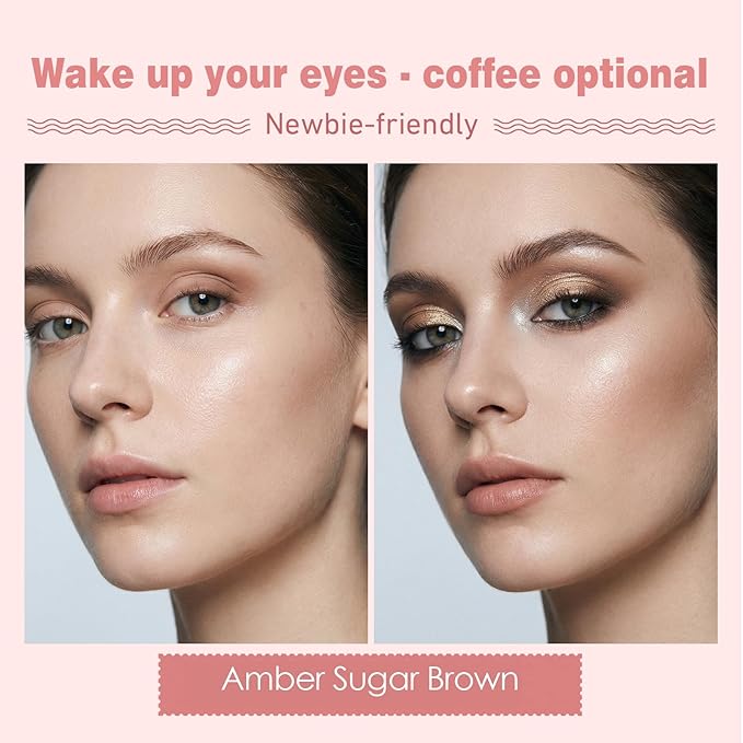 Mini Eyeshadow Palette, Matte & Shimmer Quad for Women, Travel-Friendly, Cream Stick, Smokey Nude, Glitter, Primer Powder Set (Amber Brown)