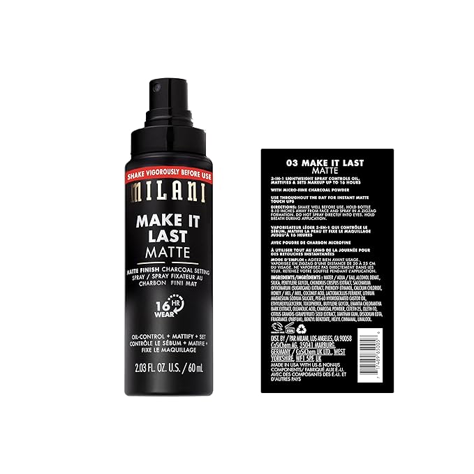 Milani Setting Spray + Primer, Make It Last Matte- Oil Absorbing Charcoal Formula to Control Shine, Matte Finish Setting Spray for Makeup and Primer for Oily Skin, Prime +Correct + Set - 2 Pack