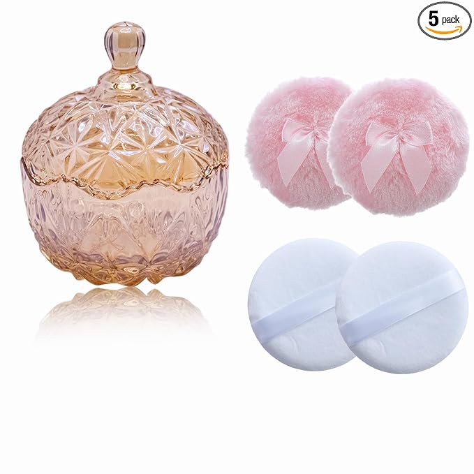 5 Pieces Large Body Powder Puff and Powder Container, Crystal Case for Dust Puff, Powder applicator with Box for Face and Body (Amber, Crown)